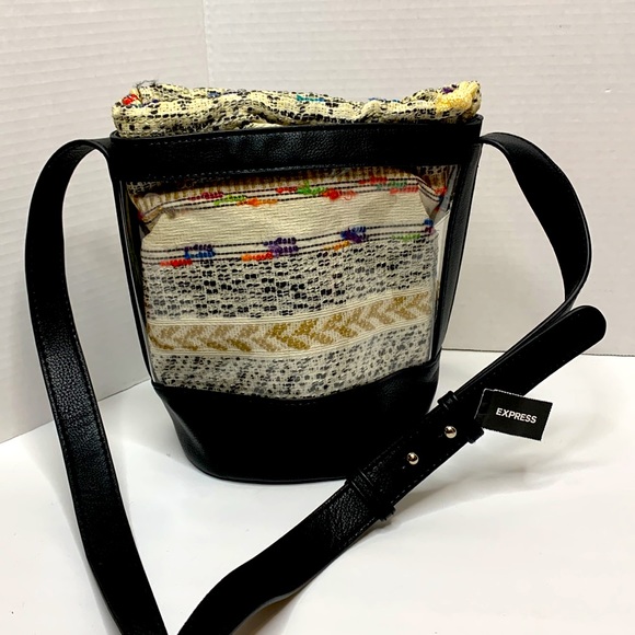 Express | Black Leather Lined Clear Bucket Bag Satchel | Boho Interior Event Bag - Picture 9 of 10